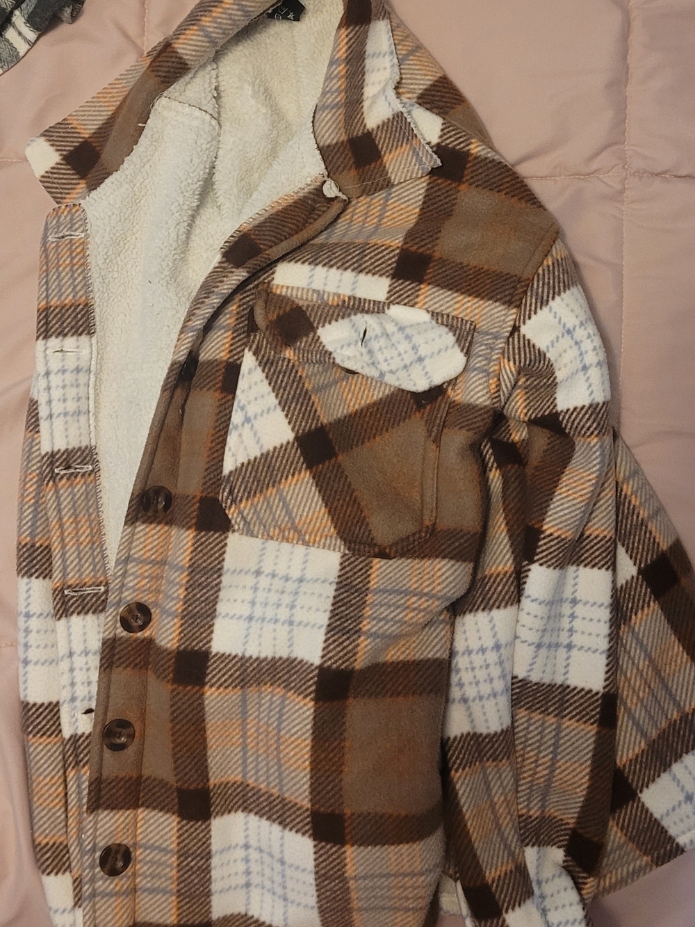 Plaid Sherpa-Lined Shacket Jacket - Brown/White